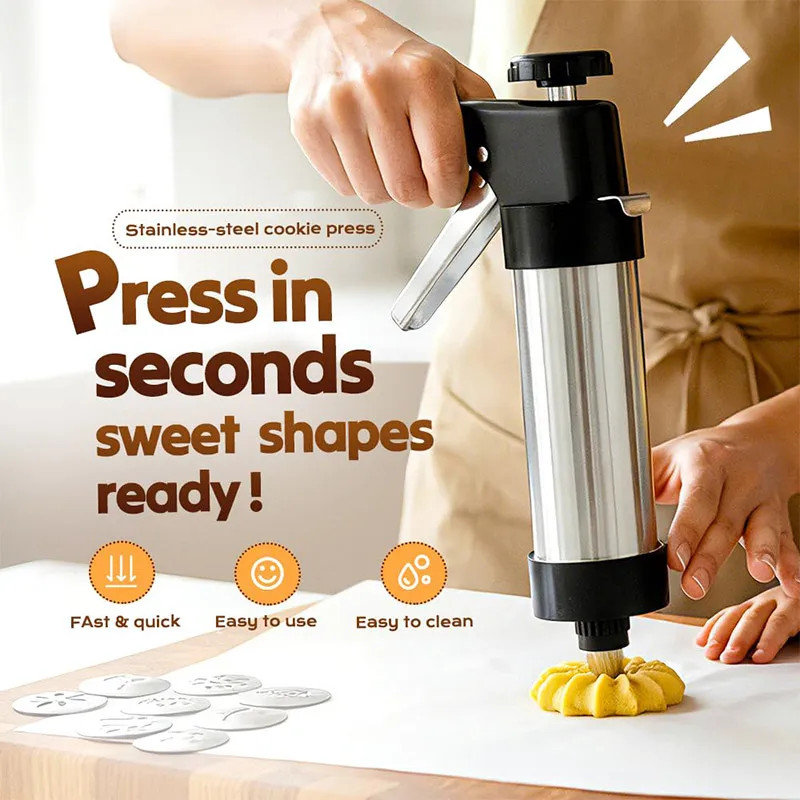Cookie Press Stainless Steel Cookie Press Gun Kit with 13 Cookie Discs+8 Icing N