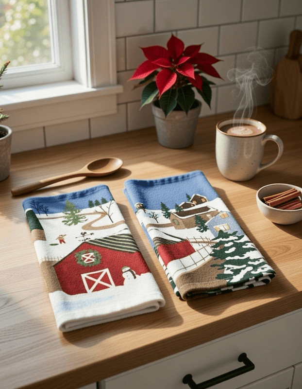 Lot of 2 Christmas Hand Towels House Barn Snow Holiday Kitchen Decor Snowman gallery