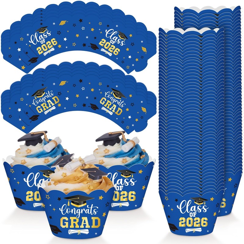 100 PCS Graduation Cupcake Liners Congrats Grad Blue Gold 2026 Party Decor