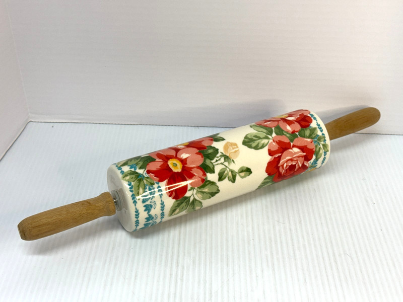 Pioneer Woman Rolling Pin Retired Vintage Flower Pattern Ceramic Wooden Handles