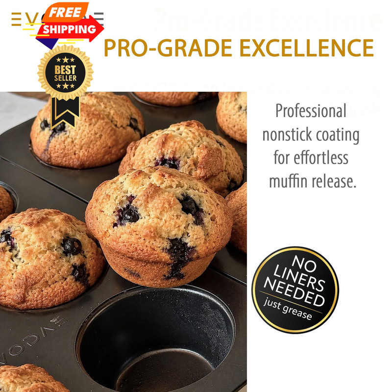 EVODAE Jumbo Muffin Pan, 2 Pack – Extra-Large Wide & Deep Cups, 6-cup, Black gallery