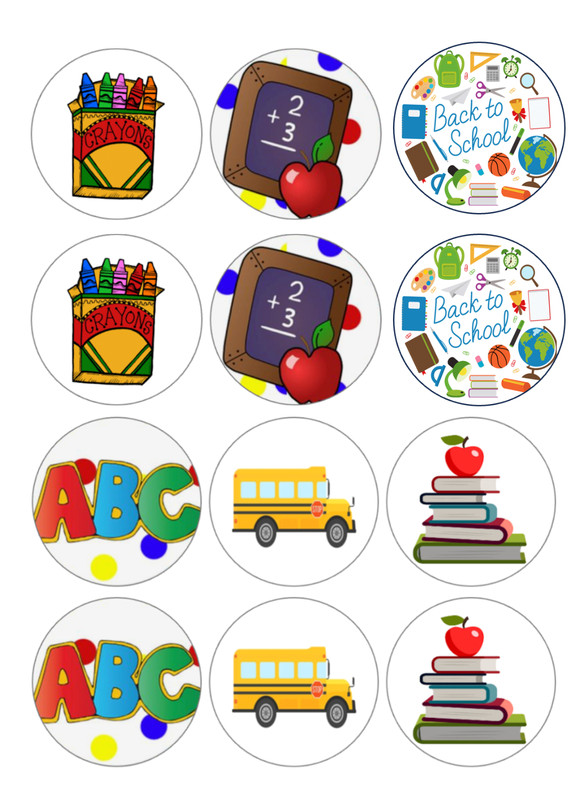 12 Back to School edible paper, cupcake cookie toppers CHOOSE YOUR SIZE