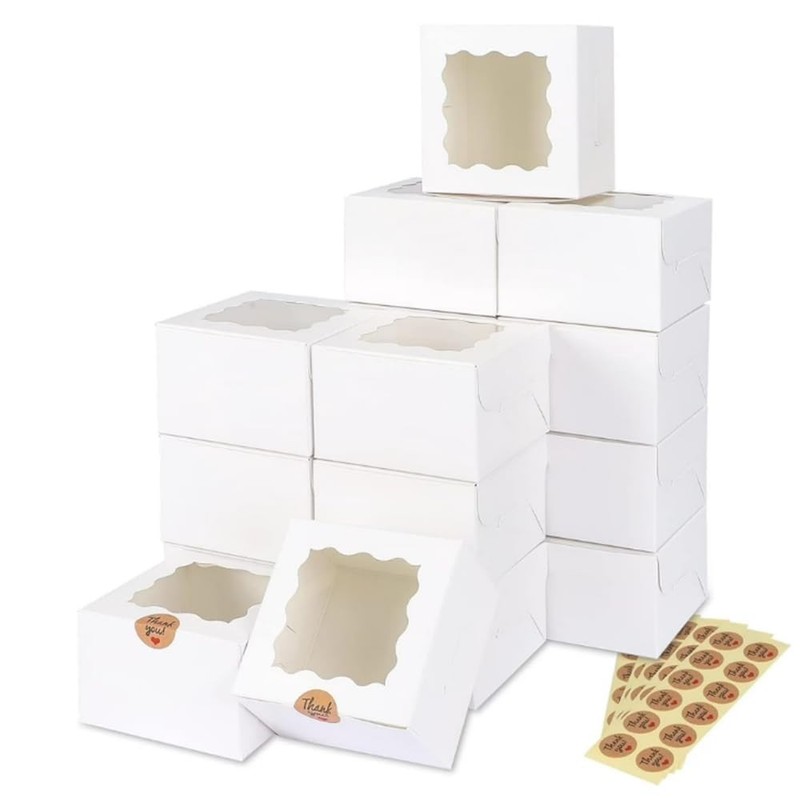 50 Pack White 4x4x2.5 Inch Cookie Boxes With Window Mini Bakery Pastry Treat