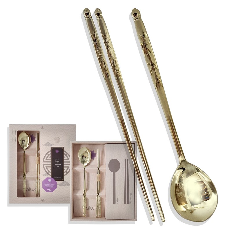 [Made in Korea] Design Sticky Rice Spoon Chopsticks Set Gold Titanium Plating…