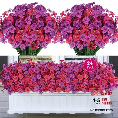 24 Bundles Artificial Flowers for Outdoors – Realistic – Purple + Rose – 24PCS