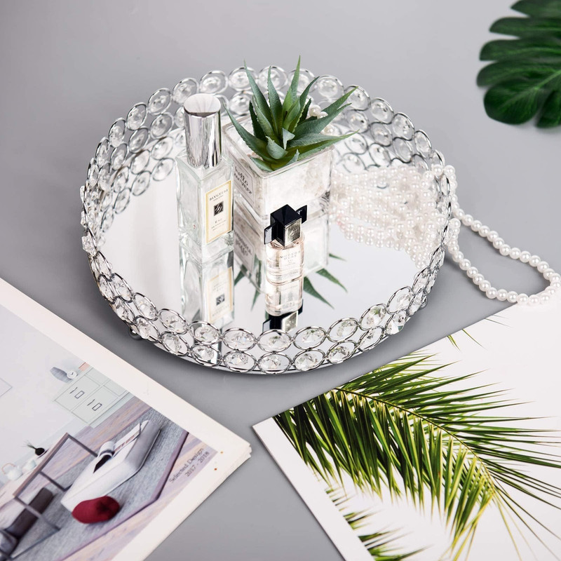 Feyarl Crystal Perfume Tray Cosmetic Makeup Vanity Jewelry 10.6", Silver gallery