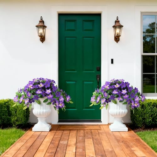 Artificial Fake Flowers Plants Outdoor, 2PCS B01 Deep Purple+ Light Purple gallery