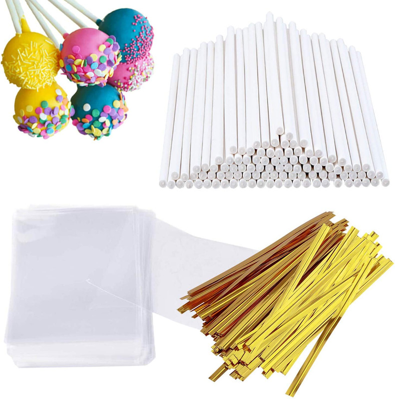 300 PCS Cake Pop Sticks and Wrappers Kit, Including 100Ct 6-Inch Paper Lollipop