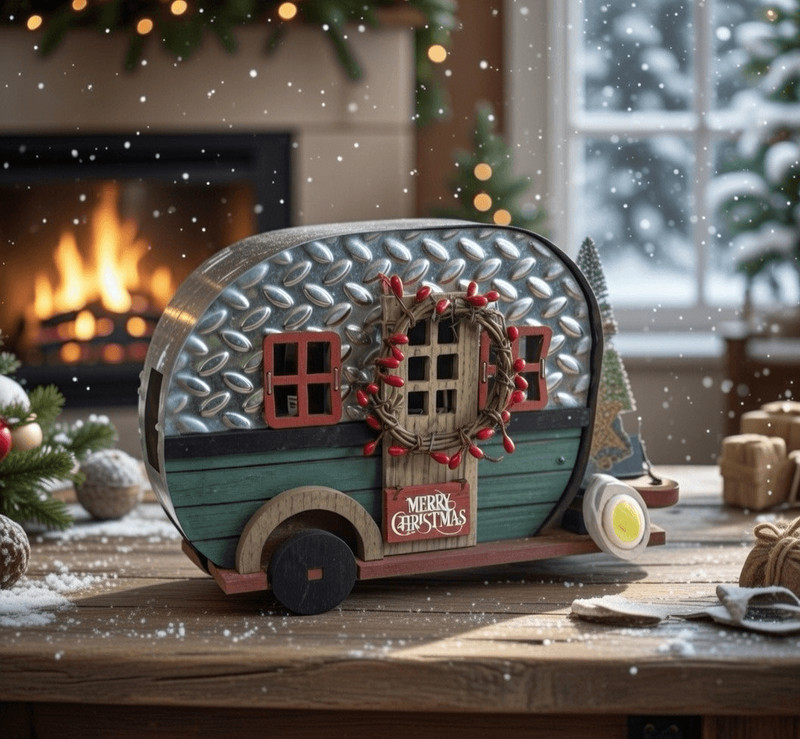 Vintage Metal Rustic Camper w/Merry Christmas Tree Lights Retro Woody Home Decor