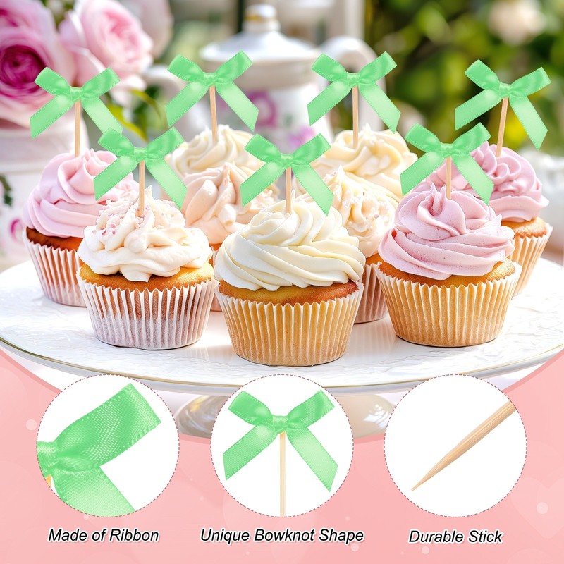 60Pcs Bow Cupcake Toppers Ribbon Bow Cake Toppers for Cupcake Decor[Fruit Green] gallery