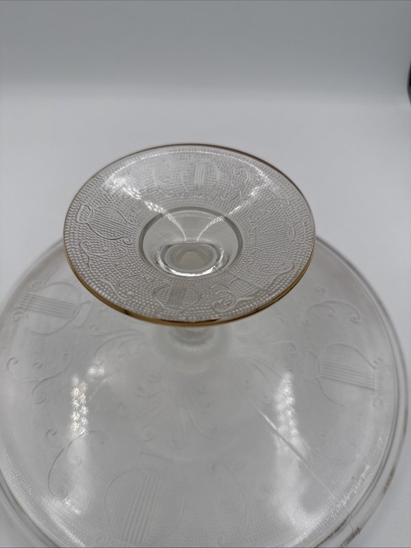 Jeanette Harp Glass Pedestal Cake Plate Stand Scalloped Edge w/Gold 10" gallery