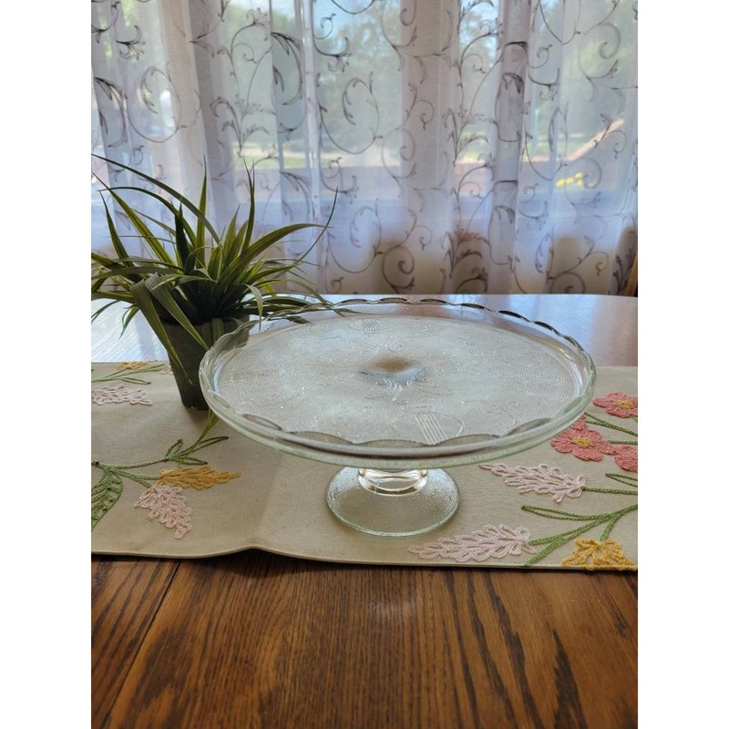 Vintage Jeannette Harp, Cake Stand, Pedestal Plate, Glass Clear Serving