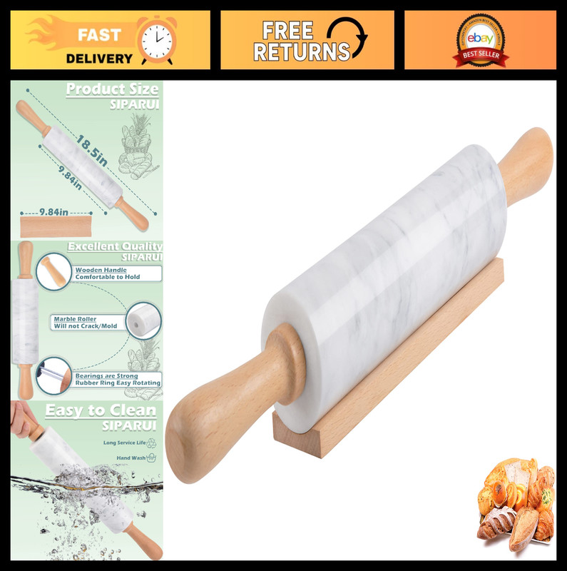 Premium Marble Rolling Pin Set with Wooden Cradle – 18.5″ Non-Stick Baking Tool