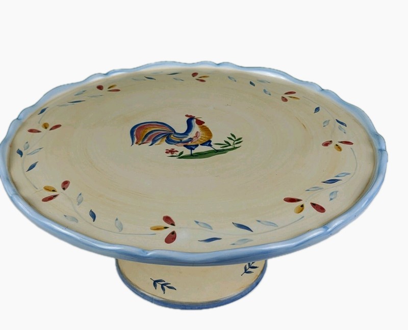 Waverly Provence Footed Cake Plate - Rooster, Floral Scroll, Blue Trim gallery