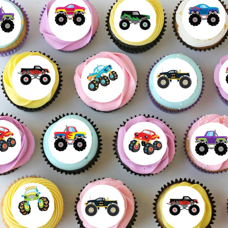 Monster Trucks Pre-cut Mini Edible Icing Cupcake or Cookie Toppers