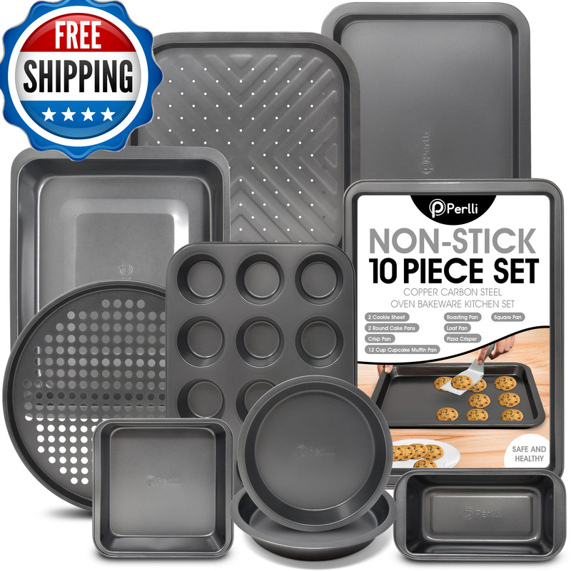 Perlli Baking Pan 10 Piece Set Nonstick Carbon Steel Gray Oven Bakeware Kitchen
