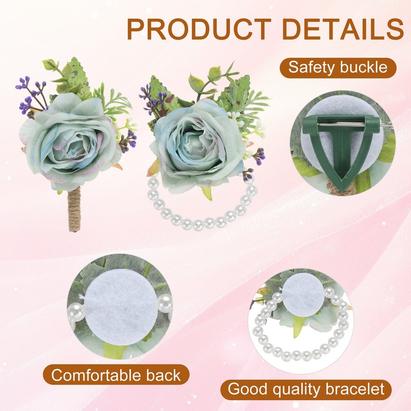 2 Pcs Rose Wrist Corsage and Boutonnieres Set, Flower Wristlet Light Blue gallery