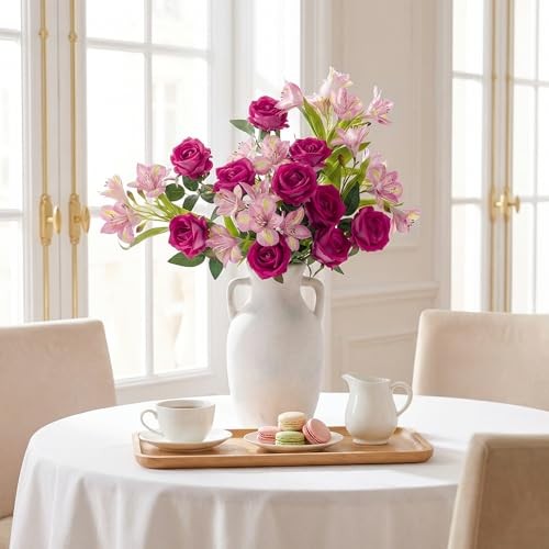 Fake Flowers, 14 Pcs Fake Roses & 10 Pcs Hot Pink Roses & 4 Pcs Pink Lilies gallery