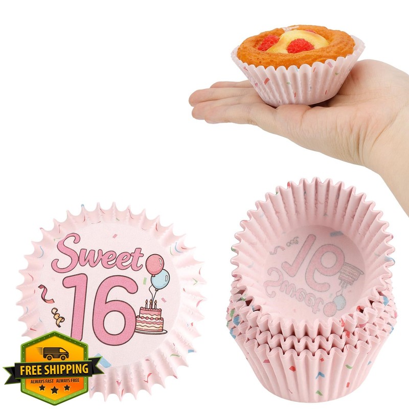 Kiopdse 100 pcs Muffin Liners, Sweet 16 Pink