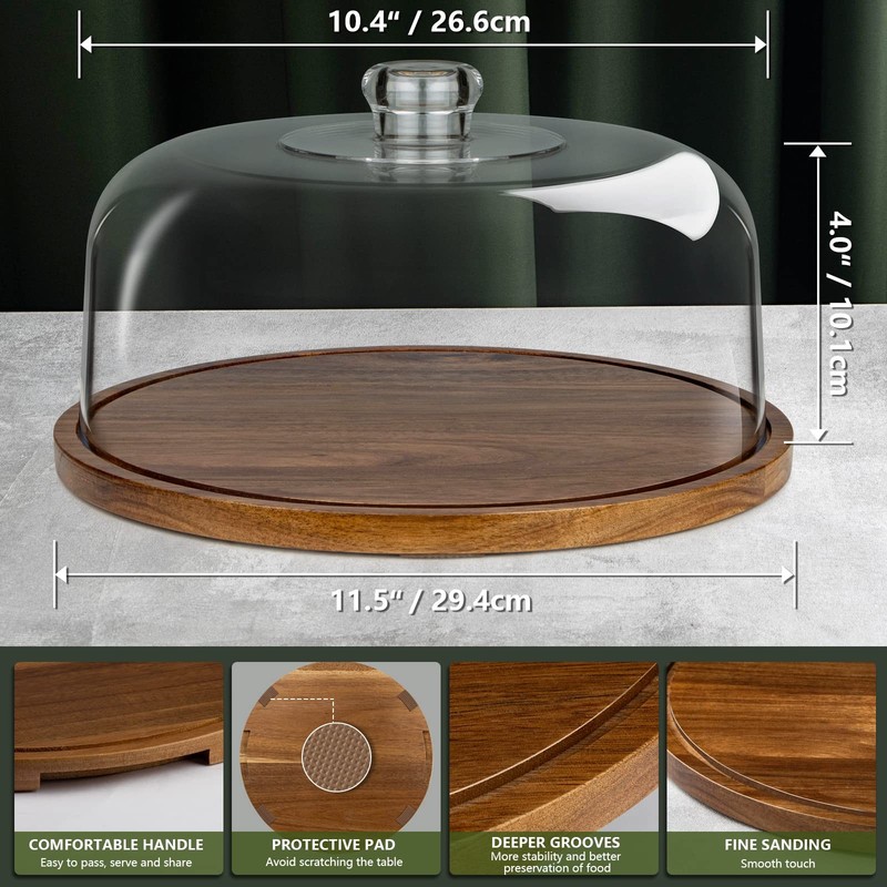 Cake Stand with Dome Lid, Acacia Wood Cake Plate with Cover, Wooden Cake Disp... gallery