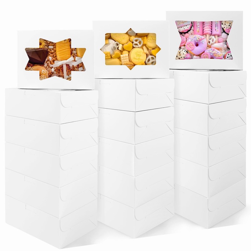 24pcs Bakery Boxes with with 3 Style Window, 8x6x2.5 Treat Boxes for Candies,...
