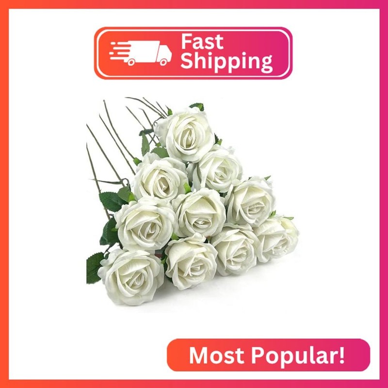 DECEED 10 PCS Artificial Roses with Long Stems Silk Flowers Realistic Foam Flowe
