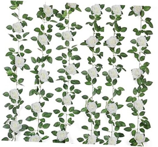 6PCS Artificial Rose Vine 50FT Silk Flowers Garland White Rose Fake Hanging