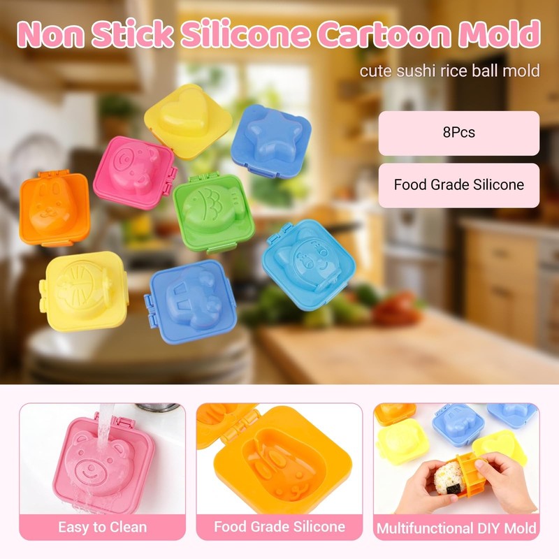 8pcs Non-Stick Silicone Egg Molds - Cute Cartoon Sushi Rice Ball DIY Bento Acces gallery