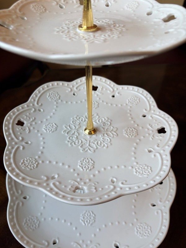 3-Tier White Ceramic Round Floral Embossed Cake Stand w/ Gold Metal Handle gallery