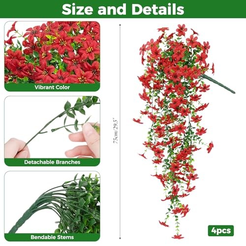4 Pcs Artificial Hanging Flowers for Outdoors, Realistic Faux Silk Flowers Red gallery