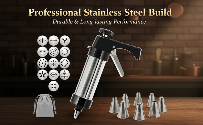Stainless Steel Cookie Press Gun Kit with 13 Cookie Discs & 8 Piping Tips, gallery