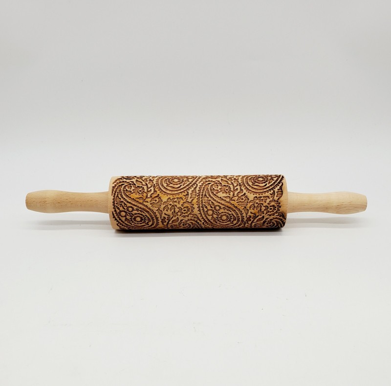 Wooden Rolling Pin Paisley Floral Engraved Embossing 14.5" gallery