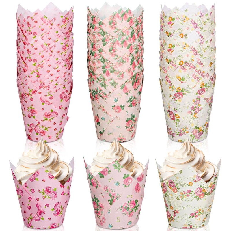 Whaline 180Pcs Spring Floral Tulip Cupcake Liners Greaseproof Muffin Baking L…
