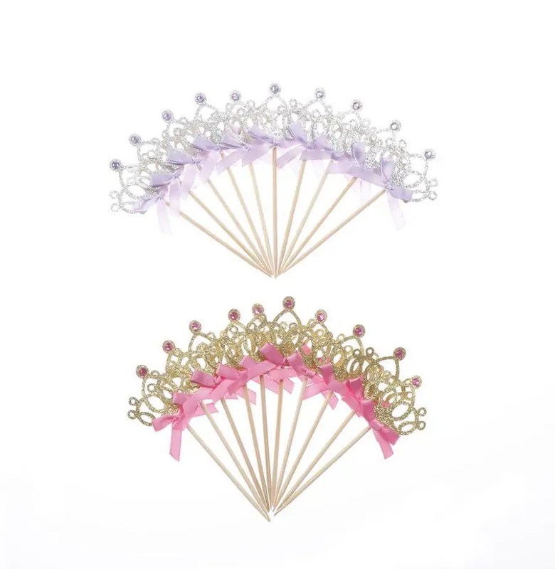 10pcs Stamping Gold Pink Crown Cake Toppers Princess Girl Wedding Happy Birthday gallery