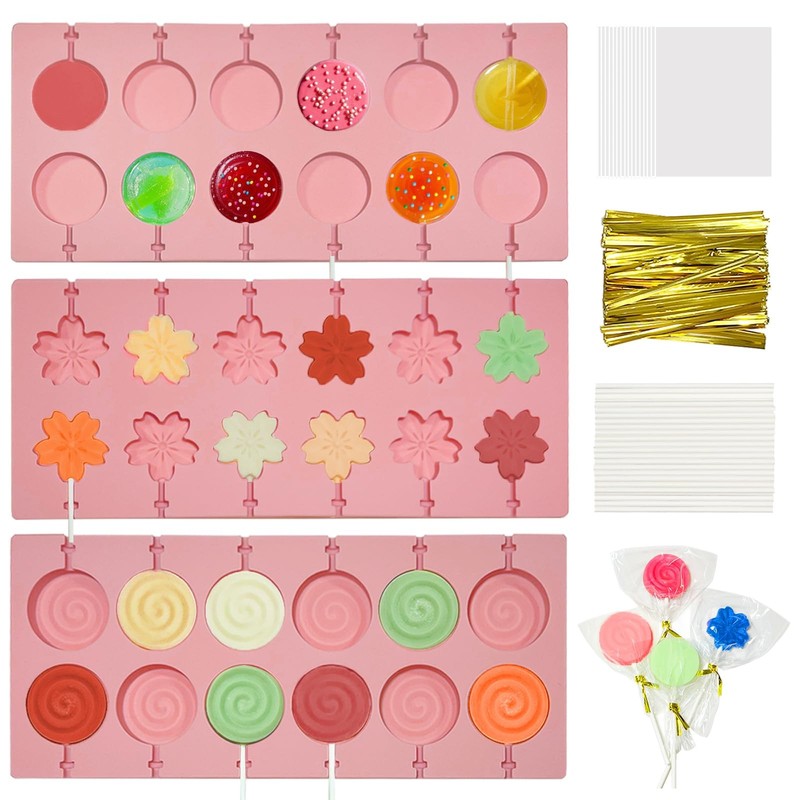 3 PCS Lollipop Mold Kit 36 Capacity Pink Silicone Candy Molds + 100 Sticks