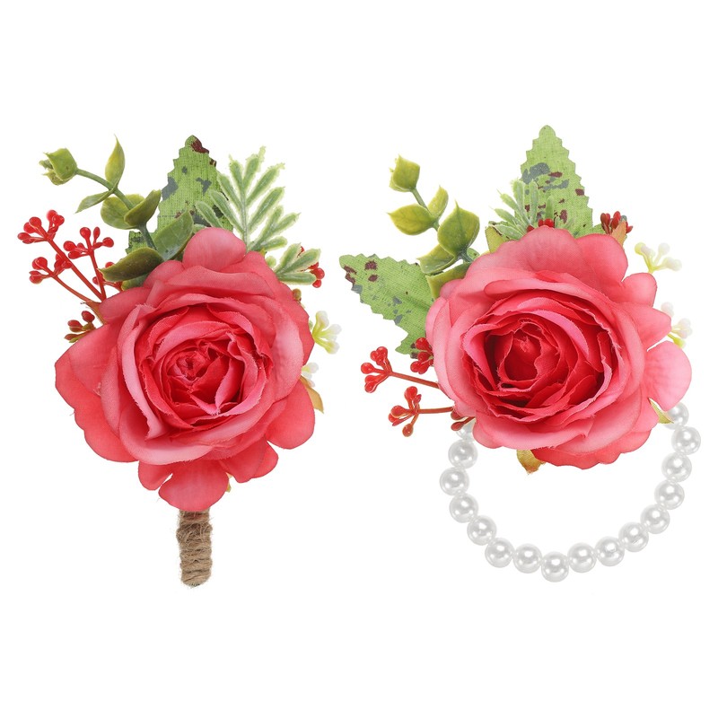 2 Pcs Rose Wrist Corsage and Boutonnieres Set, Wedding Flower Wristlet Red