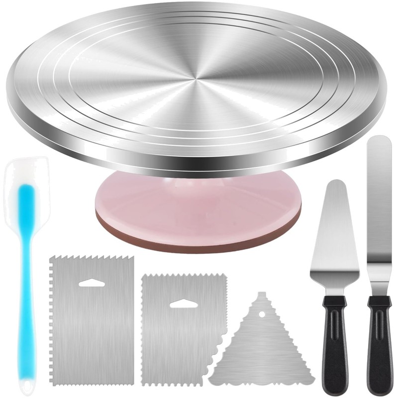 Complete Cake Decorating Set: 12″ Turntable, Spatula & 3 Icing Smoothers in Pink