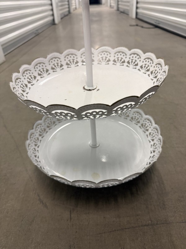 2-Tier White Metal Cake Stand with Gold Handle and Decorative Edge gallery