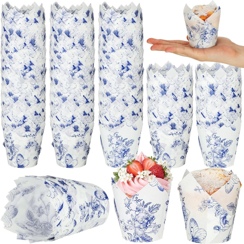 200 Pcs Blue Floral Cupcake Wrappers Chinoiserie Blue White Flower Cupcake Liner