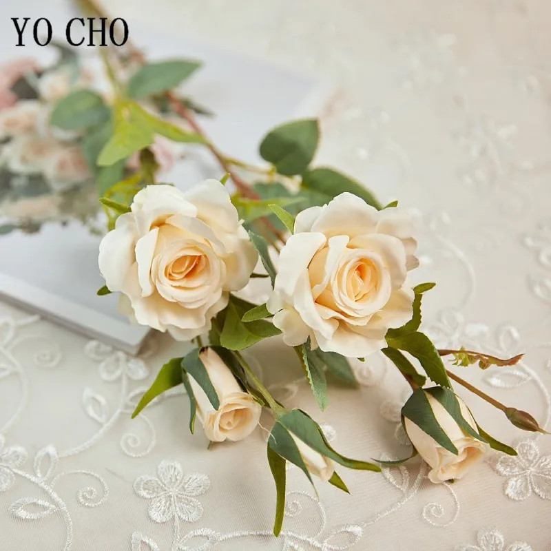 Artificial Silk Rose Flowers High Quality Fake Flowers Long Branch 5 Heads Weddi gallery
