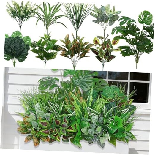 18 Bundles Artificial Greenery Plants Outdoor Fake Plastic Leaves with Stems