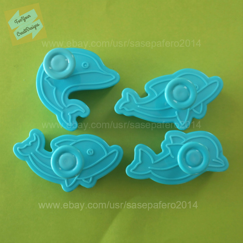 Dolphin plunger cookie cutter with stamp, 4 pieces set. 4 different designs. gallery