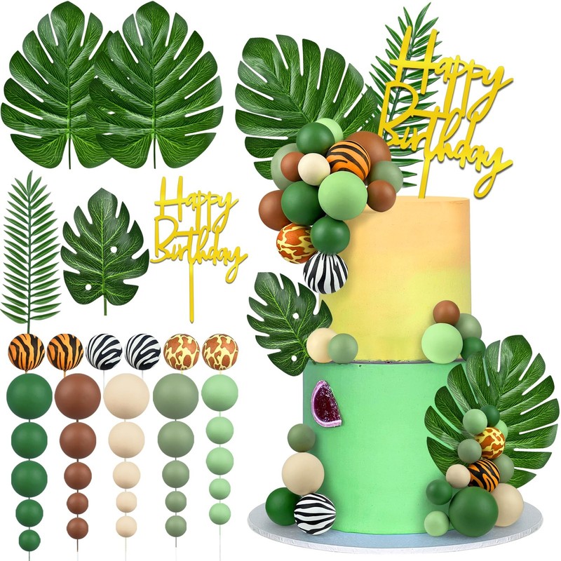 38pcs Jungle Safari Animal Cake Topper with Palm Leaves and Brown Green
