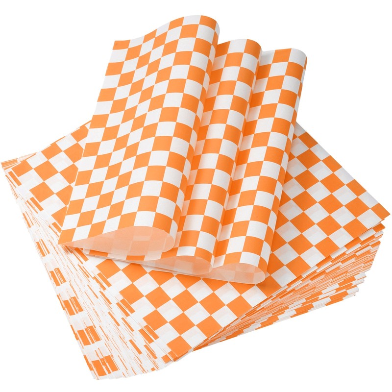 200Pcs Wax Paper Sheets for Food, 7″ Plaid Wrapping Paper Sheets, Orange