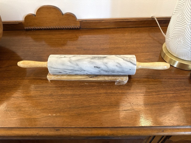 10″ Marble Grey/White Rolling Pin with Wooden Handles 18” + Holder Base D4