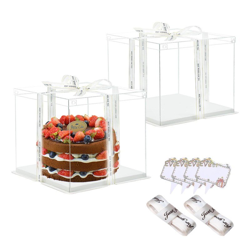 2 PCS Clear Cake Box Transparent Carrier Lids 10 Inch PET Ribbon Gift White