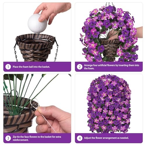 Artificial Flowers with Basket for Outdoors, 3pcs Faux 3 Pcs Purple Red gallery