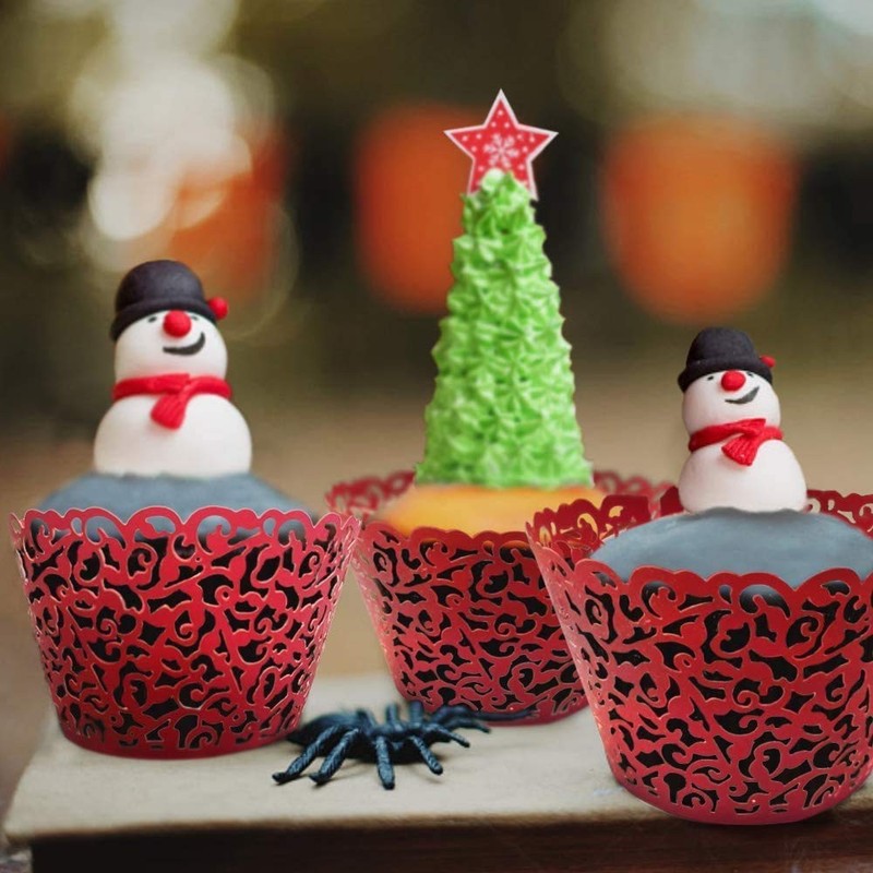50 PCS Red Lace Hollow Out Cupcake Wrappers Laser Cut Liners Muffin Cups gallery