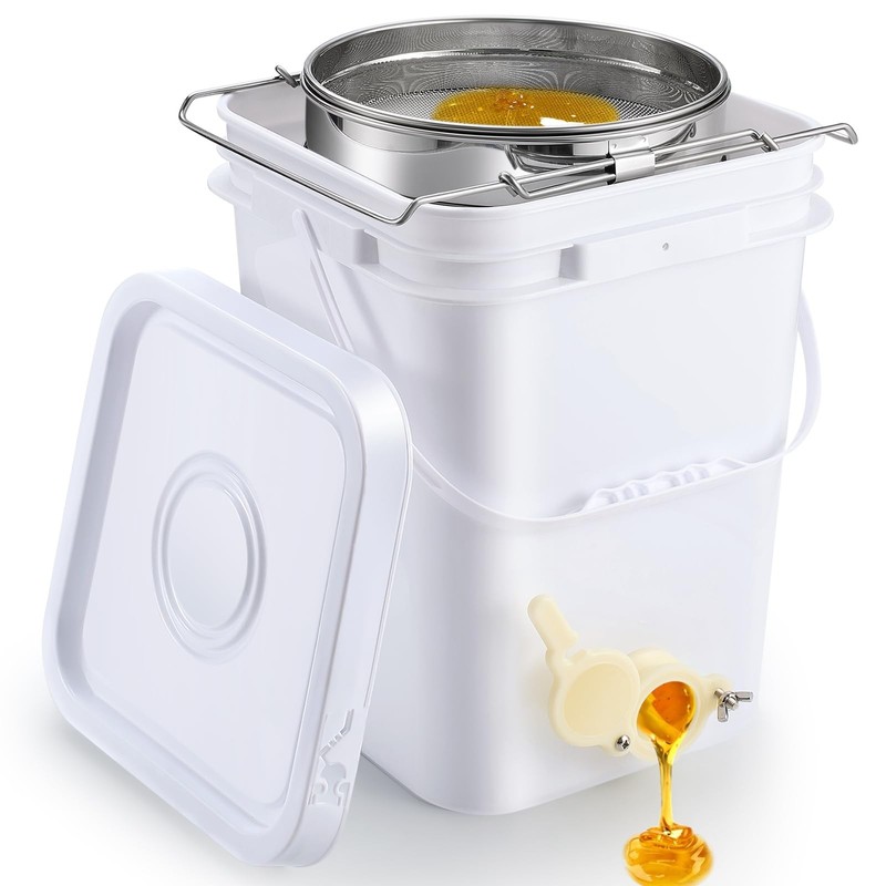 Threehoney 5 Gallon Honey Bucket with Spigot Stainless Steel Filters - White