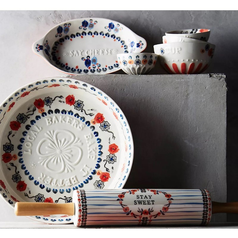 ANTHROPOLOGIE Handpainted Lucerne Rolling Pin Stay Sweet Floral Whte Blue New gallery